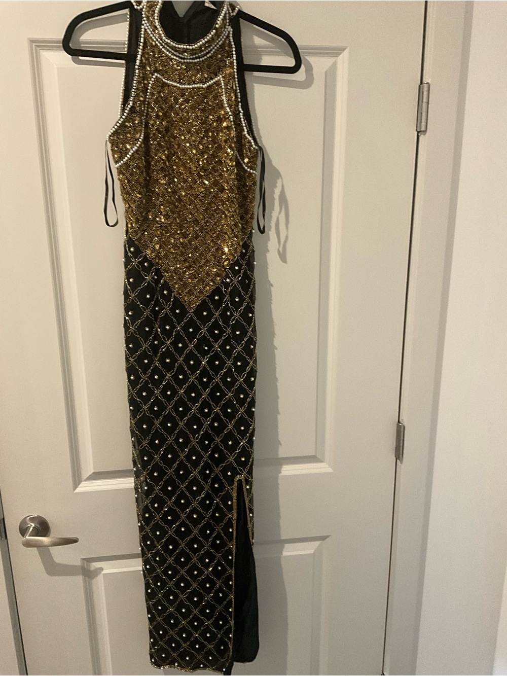 Black & Gold Beaded Halter Evening Dress